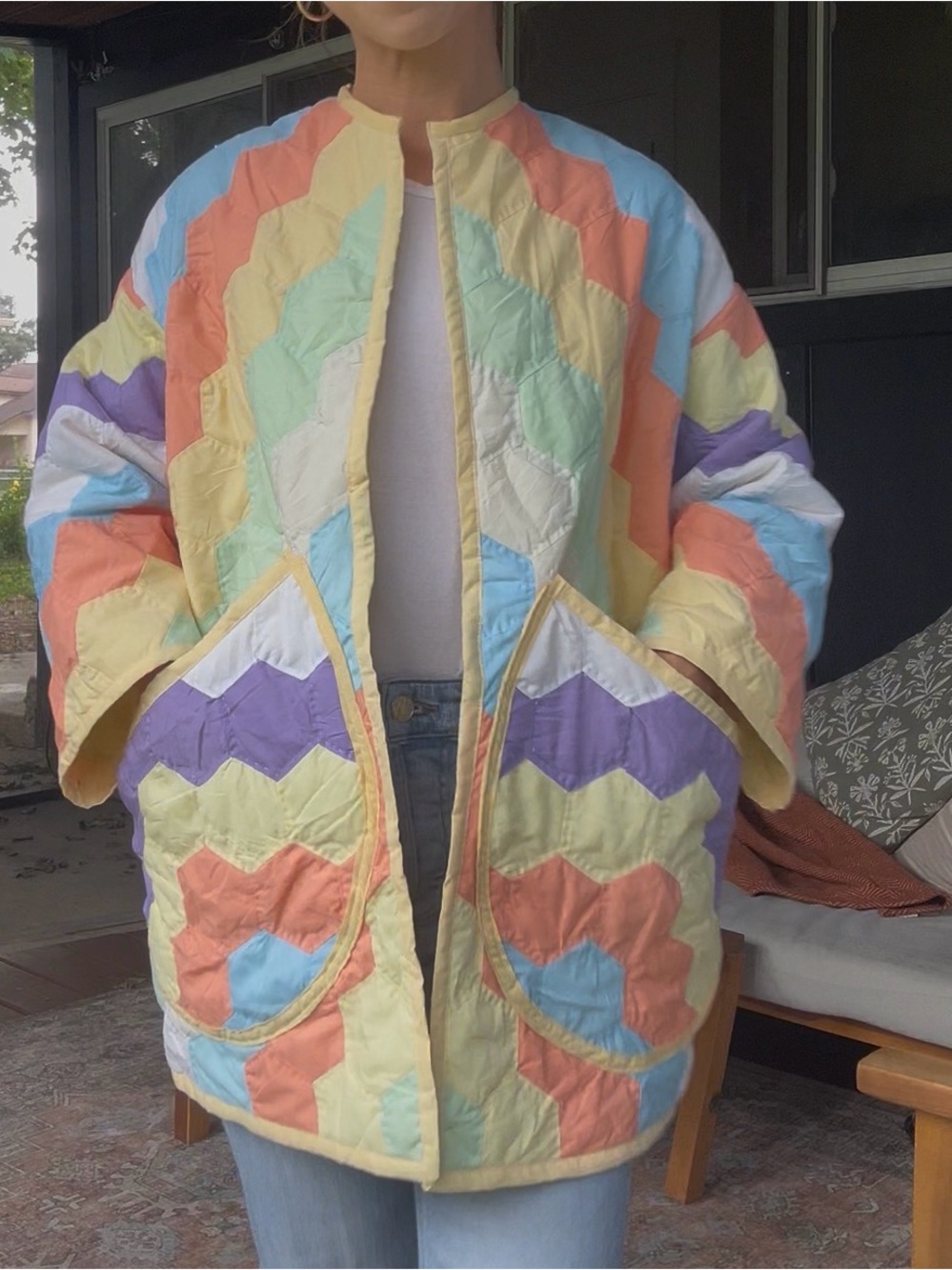 Vintage Quilt Hex Hexy Pastel Patchwork Quilted Jacket - Multicolor S/M